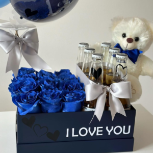 Caja Azul con Rosas, Bebidas y Peluche